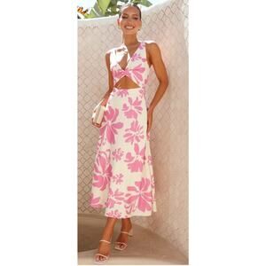 Billy J Juniper Midi Dress - Pink Floral Cut Out Dress Sz 6 Resort Wedding Guest